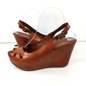 Kork-Ease Leather Platform Wedge Slingback Comfort Sandals Cognac US 8 EU 39